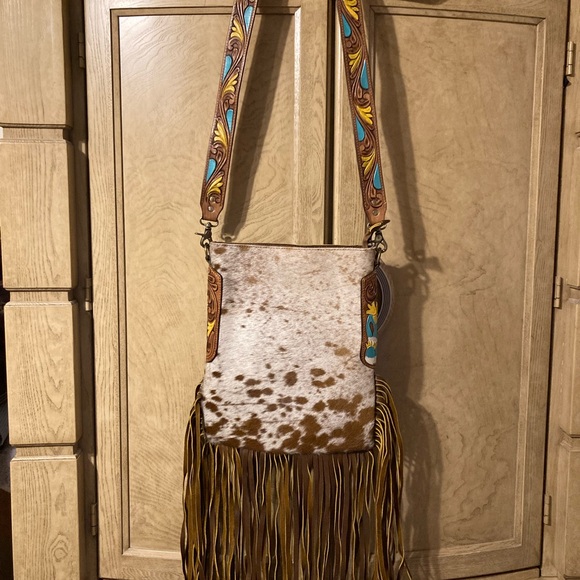American Darling Unique Hair Cow Print Fringe Crossbody Bag